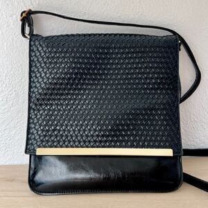 Black Faux Leather Woven Structured Crossbody Flap-Front-Bag 10x9 CBK Aesthetic